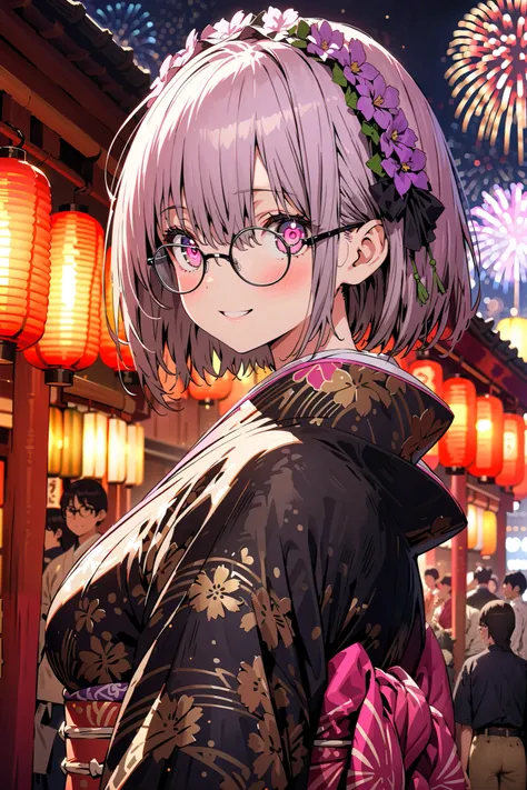 Red root heart ,Glasses, light purple hair,  pink eye,  short hair, flower headdress with death spots , smile,blush, close your mouth, big breasts,Purple flower pattern kimono , long skirt, is standing,,Japanese stalls ,Red Lantern,  fireworks, fireworks d...
