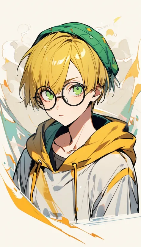  1 boy、 boyish, The side of the face ,  Green Eyes,  golden hair、 short hair, stupid hair、 hoodie、 round glasses、