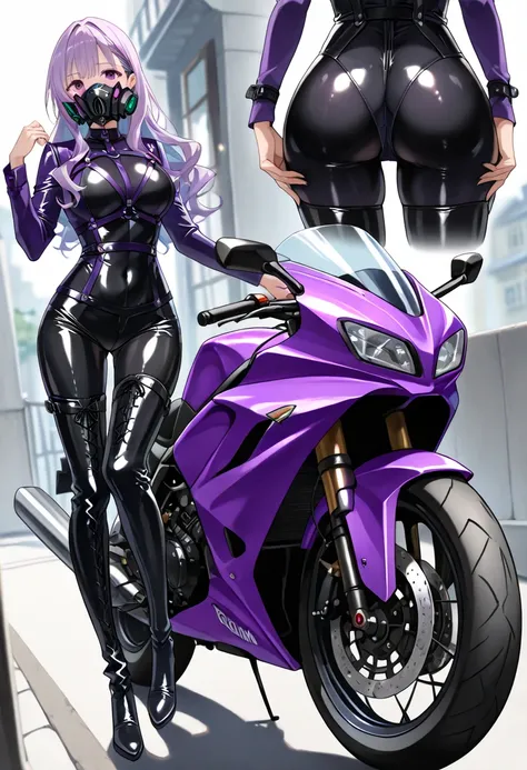 (( top quality)), (( masterpiece)), (( perfect face))、（(Detailed Motorcycle)）、Detailed and clear photos、(( riding a motorcycle with long boots ))、(( slender body、 long legs、  full body shot ))、smile、((( purple long sleeve riding leather suit、Leather pants、...