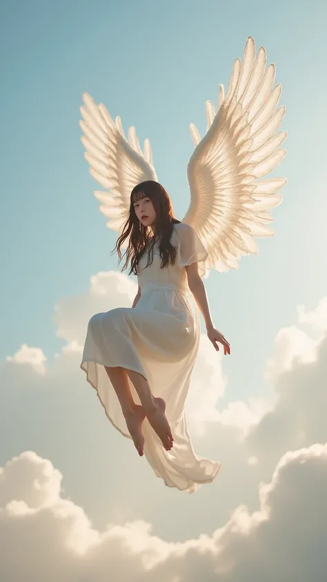 A woman floating in mid-air with her knees bent. Her back is adorned with large, ethereal angel wings, white and glowing with a soft, divine light. The woman has long flowing hair and wears a simple, elegant white dress that moves gracefully in the air. Th...