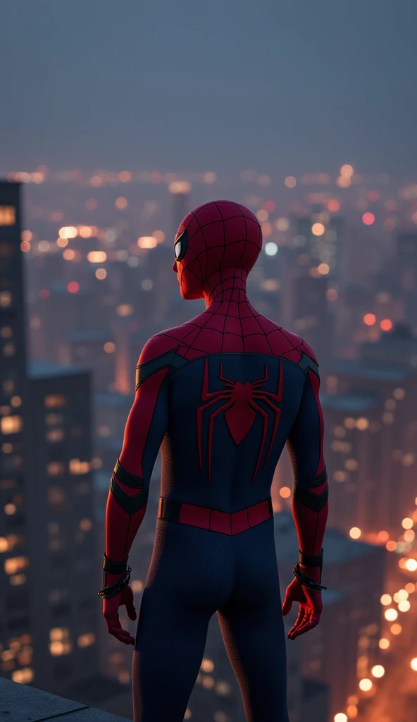  Spider-Man standing in a thoughtful pose, gazing at the skyline, his face serious with contemplation. The city below him is bathed in soft, glowing lights as he thinks about his new power. The setting is a nighttime cityscape with Spider-Man perched on a ...