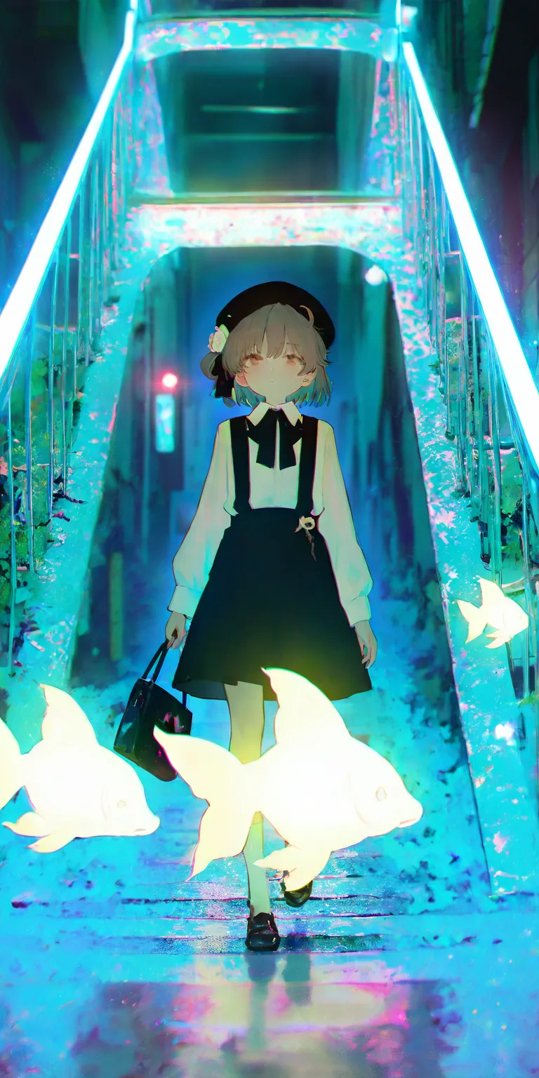 solo,1girl\((hatoba tsugu),HatobaTsugu, beret\(white flower ornament\), 1mole under eye, black ribbon-tie, short hair,white shirts, black suspender-skirt\) holding 1goldfish in 1bag\(small\), footbridge, streetlight, (alice in wonderland:0.5),(multicolor g...