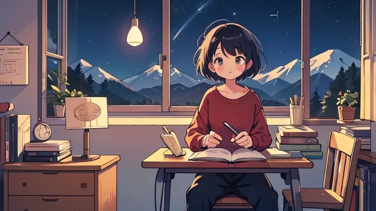 A woman around 18 years old, late at night, dressed in a red sweatshirt on the top and sweatpants on the bottom, with short hair, a window with a view of the mountains and starry sky, a room decorated in a girlish style, sitting at a desk studying, three r...