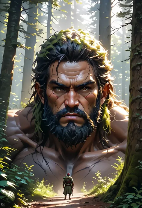 Masterpiece, (highest quality, create a high resolution,4K, 8k),(realistic,  photorealistic: 1.5),(Mysterious Forest giant god soldier),Very tall god,stand up,taller than the trees in the forest,Very Giant, very terrible god,break  ,There is a forest under...