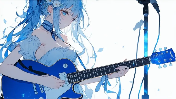   Anime Girl with blue hair playing a blue guitar in front of a microphone, Nightcore, guitarist, (  Anime Girl), Guitar solo, sayori,   anime cover  ,   Cute Anime-Style Girl Illustrations ,   playing guitar  ,   Kitagawa Marin Fan Art  , Anime Wallpaper,...