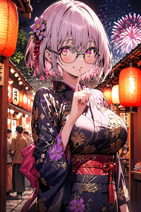 Red root heart ,Glasses, light purple hair,  pink eye,  short hair,flower hair ornament, smile,blush, close your mouth, big breasts,Purple flower pattern kimono , long skirt, is standing,,Japanese stalls ,Red Lantern,  fireworks, fireworks display,日本のfesti...