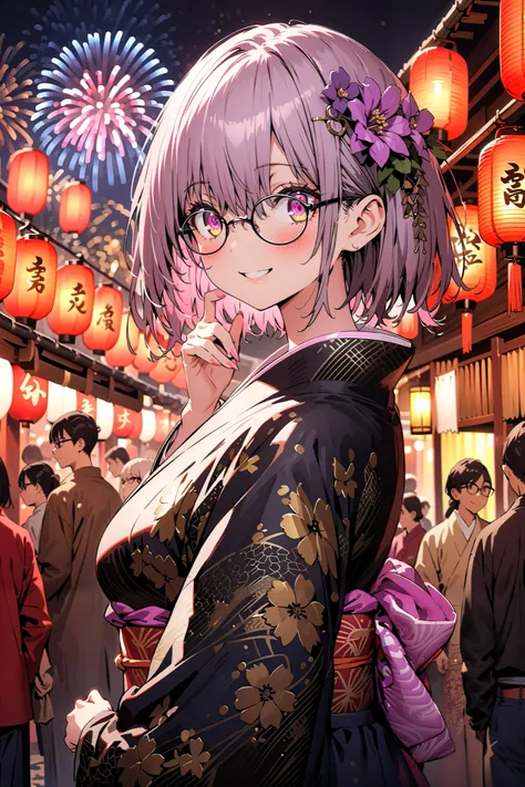 Red root heart ,Glasses, light purple hair,  pink eye,  short hair,flower hair ornament, smile,blush, close your mouth, big breasts,Purple flower pattern kimono , long skirt, is standing,,Japanese stalls ,Red Lantern,  fireworks, fireworks display,日本のfesti...