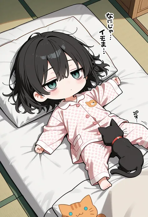 score_9, score_8_up, score_7_up, score_6_up, score_5_up, score_4_up,,Masterpiece,Best quality,Absurdres,Amazing quality,pop art,
Chibi character, Chibi girl lying on futon,hangs her head and looks tired, bags under eyes,jitome,messy black long hair,
Wearin...