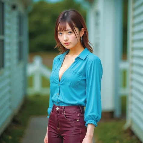 (best quality,4k,8k,highres,masterpiece:1.2),ultra-detailed, 1woman, Japanese woman, gyaru, five foot five inches tall, ginger colored hair, mole by her left eye, blue button up blouse, maroon jeans, wide hips, dancing around mid-western suburban american ...