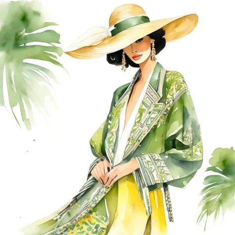 A fashion illustration of a Chanel-style jacket crafted from traditional Thai woven patterns in soft green and yellow tones. The jacket is worn by a young, tall, and slender supermodel, paired with a wide-brimmed straw hat and stylish sunglasses. The model...