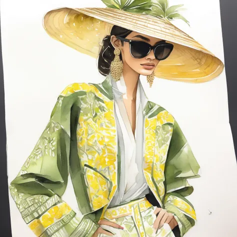 A fashion illustration of a Chanel-style jacket crafted from traditional Thai woven patterns in soft green and yellow tones. The jacket is worn by a young, tall, and slender supermodel, paired with a wide-brimmed straw hat and stylish sunglasses. The model...