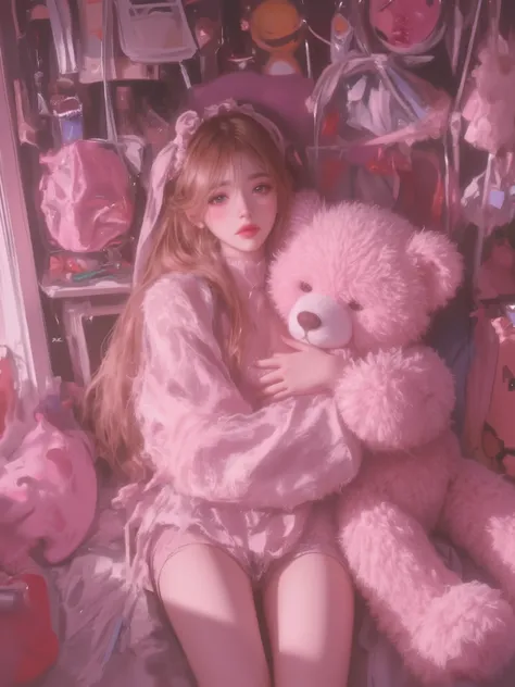  1girl ,Alone,  Close up In a room full of colorful plush toys and cute things ,  there is a girl hugging a pink teddy bear .  The teddy bear is very furry and pink , Also very big .  The girl wears a furry pink top and a short furry pink skirt ,  the girl...