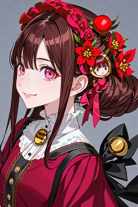 Front ，ID photo，red skirt and black   ，  she has brown hair and eyes  。  There are balls on both sides of the head   ，   shoulder-length hair   ，  anime girl in a gothic lolita dress  , with red flower decorations on the head  。she is wearing a white blous...