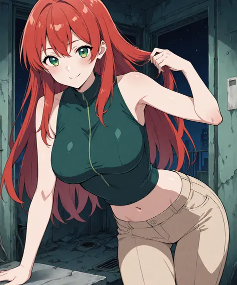 beautiful sexy redhead teenage anime girl with long red hair & green eyes, wearing a dark green sleeveless crop top, beige khaki pants, inside of a abandoned urban factory in a dark night sky, 1girl, solo