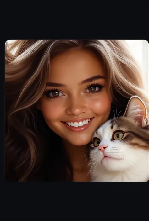 ((((((masterpiece)))photo realistic((((((best quality)))8K(((Astonished,  young woman,)))very beautiful,  radiant young woman, (((big almond eyes, looking at me )))With very puffy white big cat,