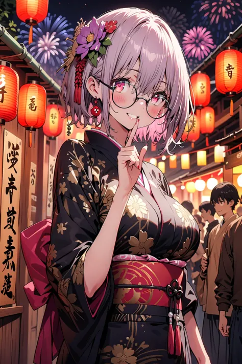 Red root heart , Red Eye Glasses, light purple hair,  pink eye,  short hair,flower hair ornament, smile,blush, close your mouth, big breasts,Purple flower pattern kimono , long skirt, is standing,,Japanese stalls ,Red Lantern,  fireworks, fireworks display...