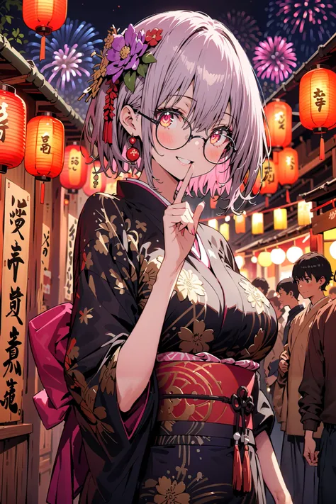 Red root heart , Red Eye Glasses, light purple hair,  pink eye,  short hair,flower hair ornament, smile,blush, close your mouth, big breasts,Purple flower pattern kimono , long skirt, is standing,,Japanese stalls ,Red Lantern,  fireworks, fireworks display...