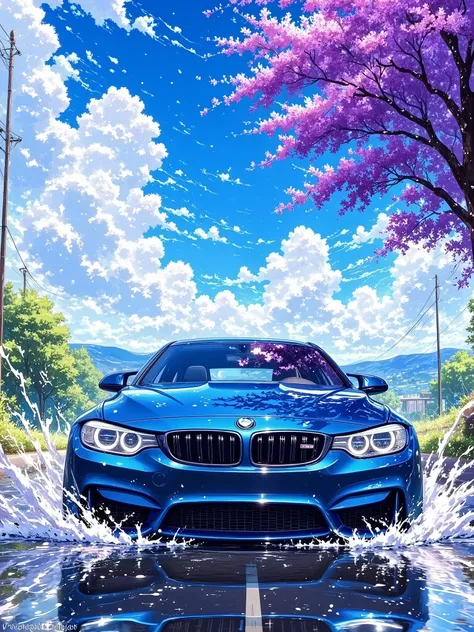 A dark blue BMW m4 car is depicted in motion on a wet road. The car is positioned in the foreground, driving along a two-lane road with a line of trees and a bright sky filled with fluffy white clouds. The car is driving directly towards the viewer, with w...