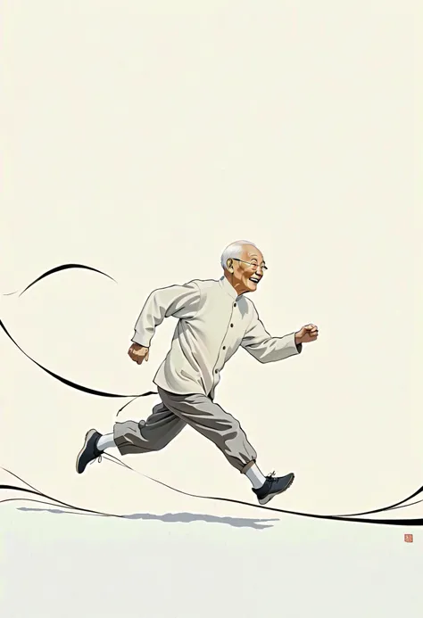 A modern minimalist artwork depicting a Chinese elderly man running and traveling happily, depicted with a black line, providing a sense of calm and focus on a white background. Creative techniques: single black line, minimalist art, modern calm, clean and...