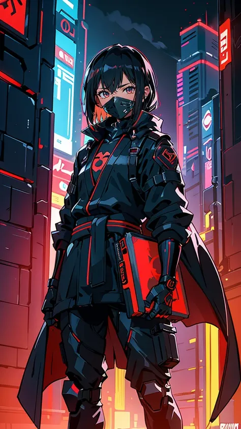 “A 25-year-old genius ninja hacker named Boomix, standing confidently in the middle of a futuristic cityscape, surrounded by red and blue bright glowing plasma. He wears a sleek black cyberpunk-style outfit with a long coat, illuminated with faint neon-blu...