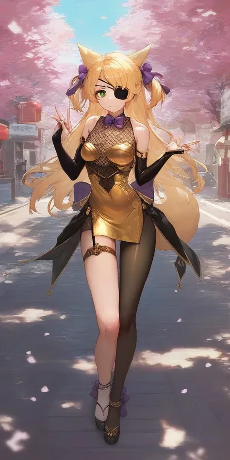 Full body , full body art, (gold and black outfit) ,score_9, score_8_up, score_7_up, source_anime, 1girl, solo, outdoors, street, cherry blossoms, cowboy shot, looking at viewer, shiny skin, green eyes, blonde hair, long hair, two side up, hair ornament, e...