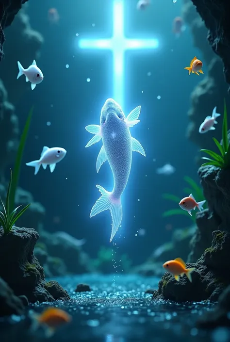 A glowing divine figure as a small fish in an aquarium, surrounded by other fish, with a faint image of a cross in the background." 8k