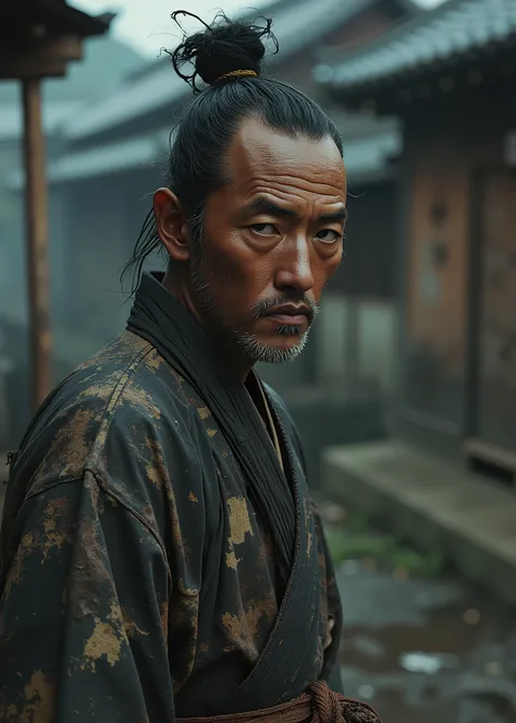 Japan、, an old ronin from the Edo period 、A dingy samurai 、 with unkempt hair wrapped around his head、 dirty face 、Dirty clothes、kurosawa movie