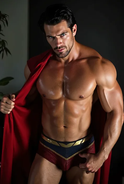 A handsome caucasian man with fair skin stripping off his superman costume, blue eyes, sweaty body