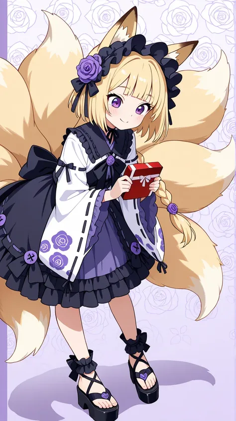 upper body, 
Solo, a girl, fox ears, large fox tail, multiple tails, short blonde hair with bangs, single braid, blue and purple flower hair accessory, purple eyes, cute smile face, 
BREAK, 
blue dark gothic lolita nontraditional miko, Black platform geta,...