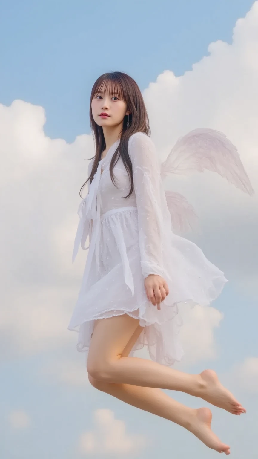 A woman floating in mid-air with her knees bent. Her back is adorned with large, ethereal angel wings, white and glowing with a soft, divine light. The woman has long flowing hair and wears a simple, elegant white dress that moves gracefully in the air. Th...