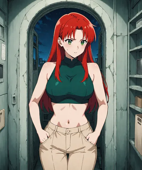 beautiful sexy redhead age anime girl with long red hair & green eyes, wearing a dark green sleeveless crop top, beige khaki pants, inside of a abandoned urban factory in a dark night sky, 1girl, solo