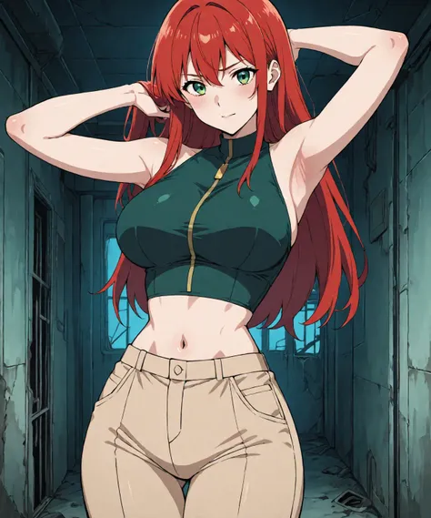 beautiful sexy redhead age anime girl with long red hair & green eyes, wearing a dark green sleeveless crop top, beige khaki pants, inside of a abandoned urban factory in a dark night sky, 1girl, solo