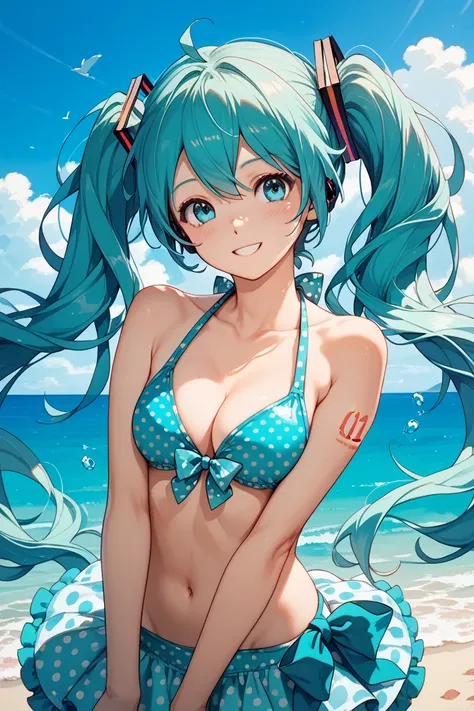  vocaloid , Hatsune Miku,Blue-green long twin tails,Clear, clear, and beautiful blue eyes,polka dot bikini swimsuit , beautiful girl, cute,smile, lori,sea, sandy beaches,blue sky,summer