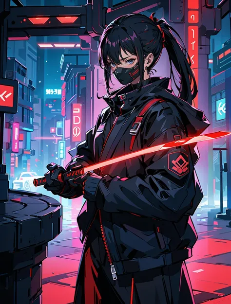 “A 25-year-old genius ninja boy hacker named Boomix, standing confidently in the middle of a futuristic cityscape, surrounded by red and blue bright glowing plasma. He wears a sleek black cyberpunk-style outfit with a long glowing coat, illuminated with fa...