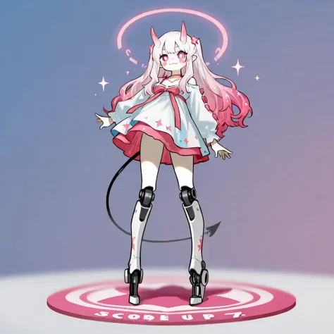 1girl, full body, oni, demon girl, pink scars on face, horns, white hair, detailed, pale skin, detailed face, wholesome dynamic pose, cyborg, robotic legs, prosthetic legs, stickers in robotic legs, cute stickers k prosthetic legs, beautiful white and pink...