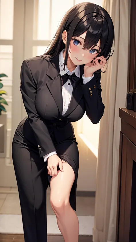 sexy older sister in a black business suit　　 　　 black tie 　　smile　  high res　  high res