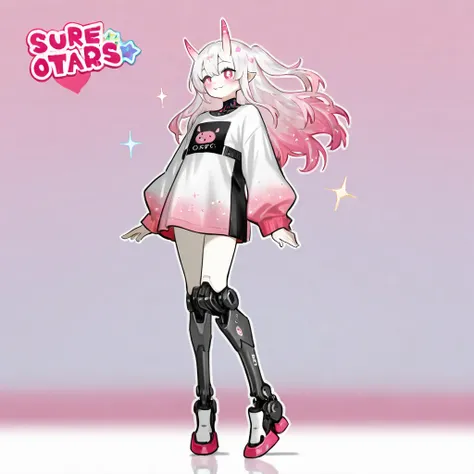 1girl, full body, oni, demon girl, pink scars on face, horns, white hair, detailed, pale skin, detailed face, wholesome dynamic pose, cyborg, robotic legs, prosthetic legs, stickers in robotic legs, cute stickers k prosthetic legs, beautiful white and pink...