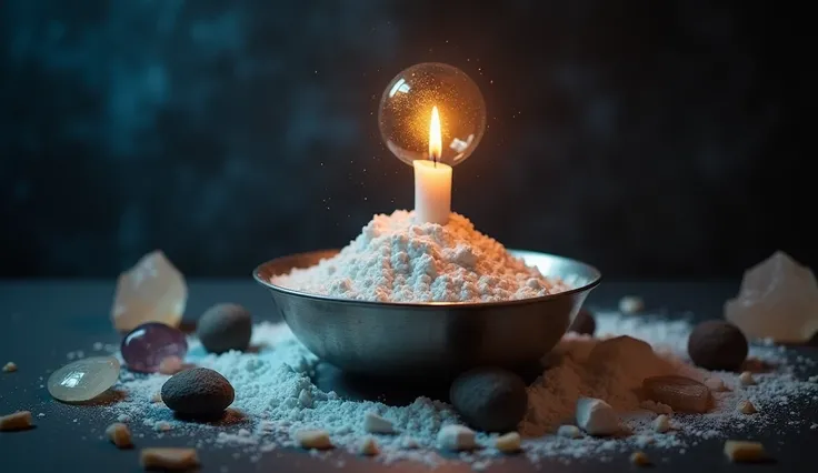 A silver-toned metal bowl, centrally located, holds a pile of white, powdered substance.  A candle, with a flickering, golden flame, extends upward from the center of the powder.  A glowing, ethereal orb floats above the flame.  The scene is dimly lit, wit...