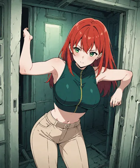 beautiful sexy redhead teenage anime girl with long red hair & green eyes, wearing a dark green sleeveless crop top, beige khaki pants, inside of a abandoned urban factory in a dark night sky, 1girl, solo