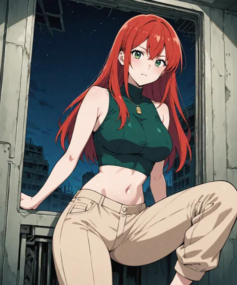 beautiful sexy redhead teenage anime girl with long red hair & green eyes, wearing a dark green sleeveless crop top, beige khaki pants, inside of a abandoned urban factory in a dark night sky, 1girl, solo