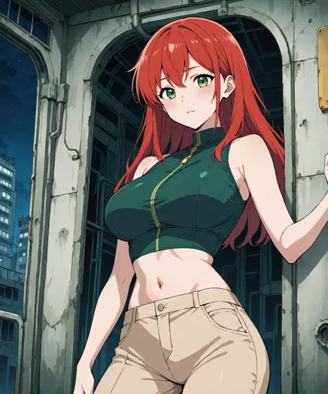 beautiful sexy redhead teenage anime girl with long red hair & green eyes, wearing a dark green sleeveless crop top, beige khaki pants, inside of a abandoned urban factory in a dark night sky, 1girl, solo