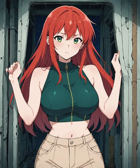 beautiful sexy redhead teenage anime girl with long red hair & green eyes, wearing a dark green sleeveless crop top, beige khaki pants, inside of a abandoned urban factory in a dark night sky, 1girl, solo