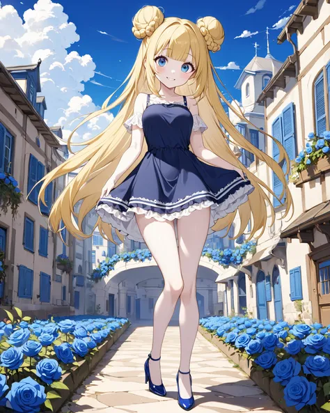  Yellow Hair，  Blue Eyes，Carly ， cute，(( Let's see a navy blue minidress in a sea-trough style.))， blue high heels on her feet ， whole body， hands and arms do not show up ，Blue rose flower field in the background，  blue sky and white clouds  ，， Happy face，...