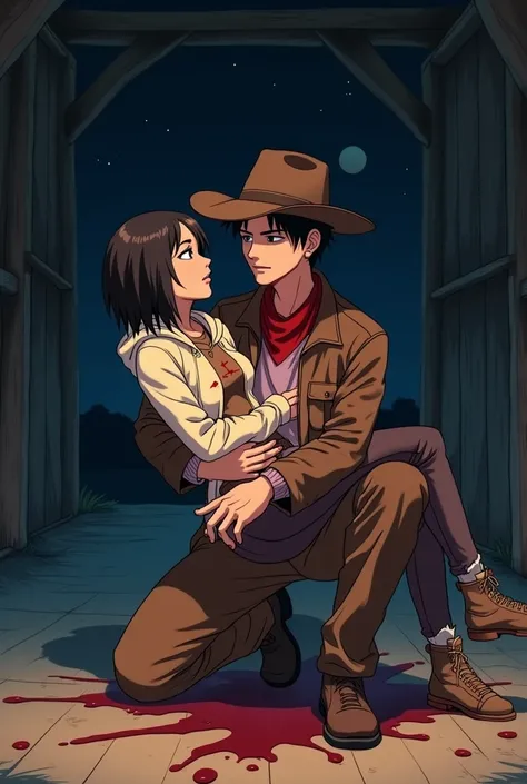 Anime art style scene set in an abandoned barn at night. A young man dressed as a cowboy cradles the injured body of a young woman in his arms, mirroring a dramatic rescue pose. He wears a brown cowboy hat, a red bandana around his neck, a brown leather ja...