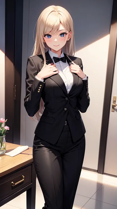 sexy older sister in a black business suit　　 　　 black tie 　　smile　  high res　  high res