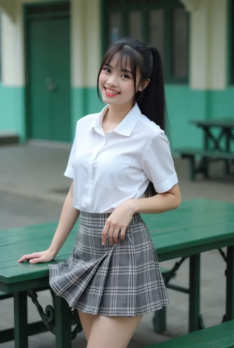 Real photos High-quality Realistic of thai woman, Beautiful girl (((large breast , big breast , nsfw))) , Best Quality, 20 years old thai girl in a school uniform astanding near a green metal table,  She is wearing a white shirt(((large breast , big breast...