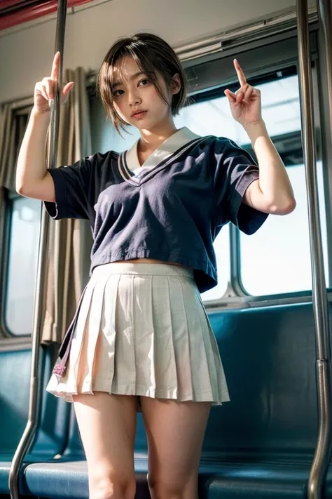 (8k、 RAW Photo、 top quality、 masterpiece:1.2)、( by Nomi、 Photoreal)、 girl,(  high school girl taking off her shirt from below pulls up her skirt on the train and shows off her panties:1.6)、( cute face:1.3)、Japanese  girl,( Japanese High School Student )、( ...