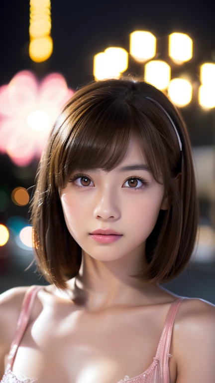  1 girl, 1 image, Solo Photo,, (Young Face ( Japanese)),  The background is a night town,Courageous Breasts to Focus , (slightly brown hair), (pink cabaret dress), ( Highly Realistic and Detailed Faces in 8k HD:1.5 (Soft Scene, Very weak lightning), Beauti...