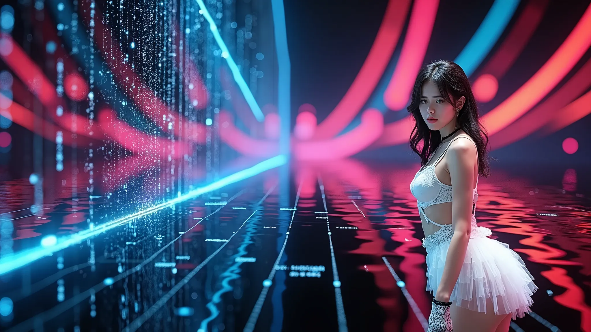 (Wide and (very low angle view)). Ryoji Ikeda Style, High quality 3D background in matrix style, ((dynamic streams of purple and blue light bursting outward, dark mirror reflection)). (1girl, solo, alone), photorealistic, large-breast:1.2 slim:0.6 body, de...