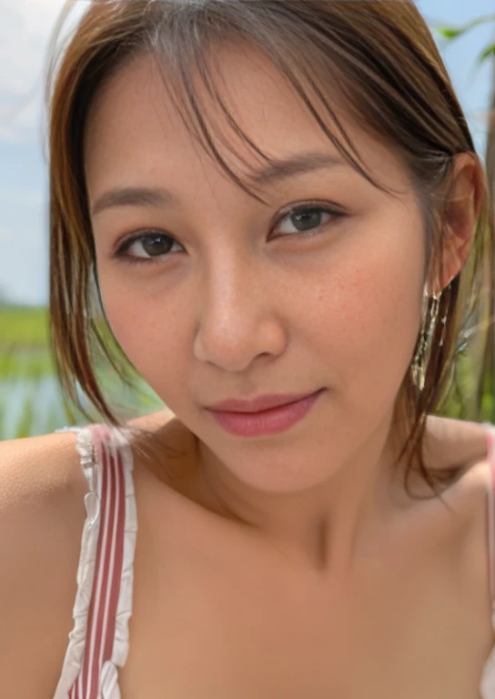  photorealistic texture image、 realistic skin texture、Reflection of light、color、4K、masterpiece、 high image quality、(Japanese 50 year old woman )、( female body in clothes)、bangs、Rice field、(pastel purple and white stripes、 tank top)、(Big Breasts:1.2)、(whole...